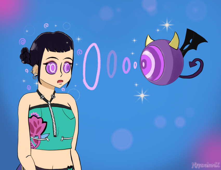 bat_wings black_hair clothed cyclops dazed demon earrings femsub gazer horns hypnolordx hypnotic_eyes kaa_eyes kpop_demon_hunters lipstick makeup ring_eyes short_hair signature simple_background spiral tail zoey_(kpop_demon_hunters)