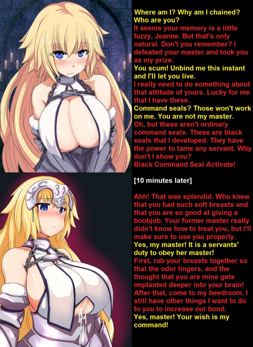 before_and_after blush breasts caption chains cum cum_on_body cum_on_breasts empty_eyes fate/apocrypha fate/grand_order fate_(series) femsub huge_breasts jeanne_d'arc_(fate) long_hair magic manip misterman4_(manipper) paizuri penis tears text