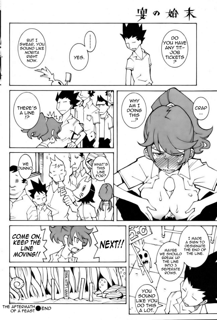 blush body_control breasts comic confused dowman_sayman embarrassed exposed_chest femsub large_breasts magic maledom monochrome open_clothes paizuri penis text