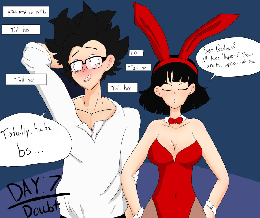 a_singular_fish arms_behind_back bare_shoulders black_hair blue_background blush bow_tie breasts bunny_ears bunnysuit cleavage closed_eyes collarbone cuffs denial dialogue dragon_ball fake_animal_ears femsub glasses gohan hand_on_head hand_on_hip hypnovember leotard open_mouth pantyhose shirt short_hair signature simple_background smile speech_bubble t-shirt text thighhighs unaware videl