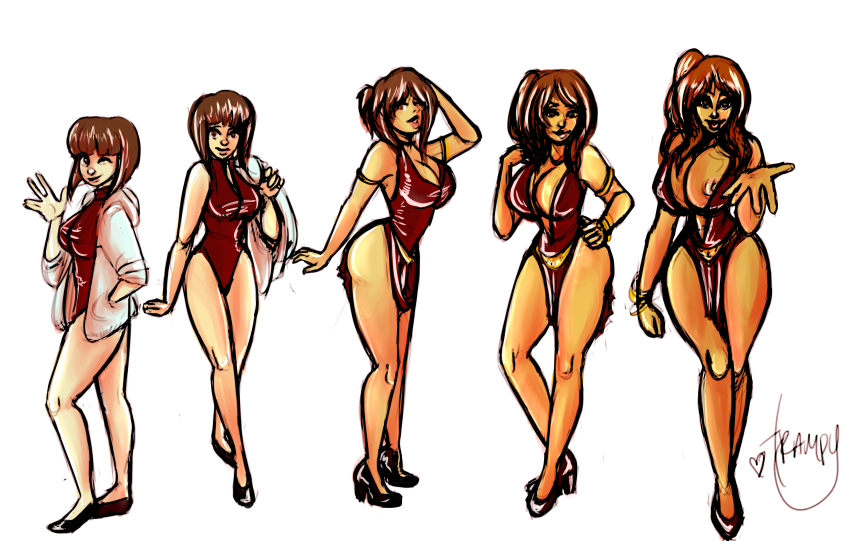 absurdres before_and_after bimbofication breast_expansion breasts brown_eyes brown_hair clothed_exposure comic dark_skin erect_nipples female_only femsub hair_growth happy_trance high_heels hoodie large_breasts long_hair nabiki_tendo nipples one-piece_swimsuit ranma_1/2 short_hair simple_background sketch solo swimsuit traditional trampy_hime transformation white_background