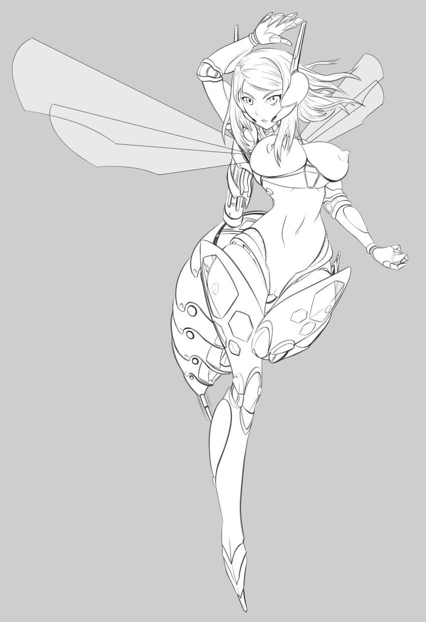 antenna bzurrrf claws cleavage enemy_conversion erect_nipples femsub headphones high_heels large_breasts long_hair navel needle original prosthetic_limb quadruple_amputee robot_girl robotization tail thighhighs wasp_girl wings