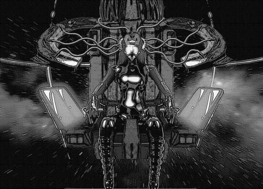 ai_art bodysuit boots brain_drain breasts cables chair dead_source face_mask greyscale latex long_hair looking_at_viewer mask restrained royalmecha_(generator) rubber sitting tight_clothing wires