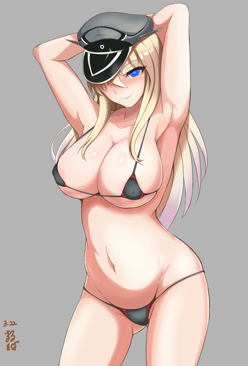 armpits arms_above_head bikini bismarck_(kantai_collection) blonde_hair breasts cleavage clothed_exposure erect_nipples female_only femsub happy_trance hat hazamanokaien icontrol_(manipper) kantai_collection large_breasts long_hair manip micro_bikini navel smile solo spiral_eyes swimsuit symbol_in_eyes