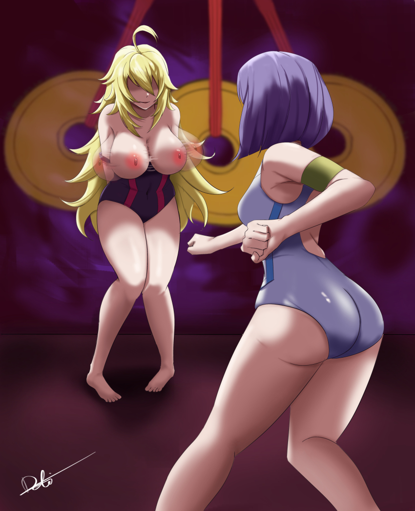 absurdres ai_shimada ass bare_legs barefoot blonde_hair breasts deliciousbra evil_smile female_only femdom femsub huge_breasts hypnotic_breasts keijo large_ass large_breasts legs long_hair mio_kusakai one-piece_swimsuit pendulum smile swimsuit topless