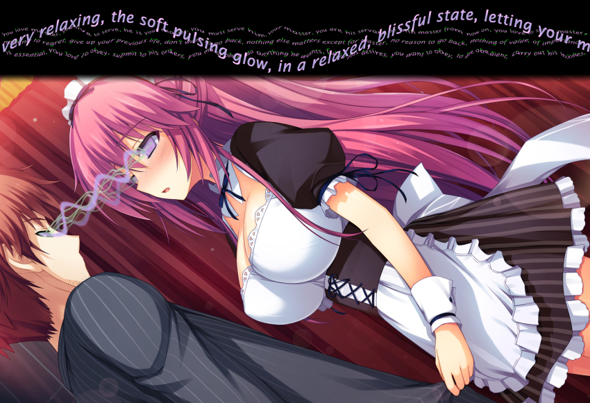 blush breasts character_request corset cradily_(manipper) empty_eyes expressionless eye_beams femsub game_cg hypnotic_eyes large_breasts long_hair maid maledom manip open_mouth pink_hair purple_eyes reminiscence skirt text tigre_soft tomose_shunsaku