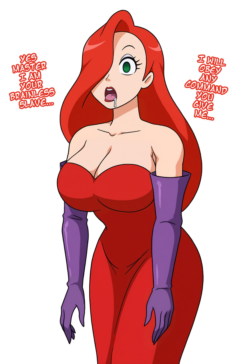 ai_art cleavage collarbone dress drool empty_eyes expressionless female_only femsub gloves green_eyes hair_covering_one_eye huge_breasts jessica_rabbit lipstick long_hair makeup maledom manip minimimic_(generator) minimimic_(manipper) open_mouth red_dress red_hair simple_background slouching stable_diffusion_(ai) text white_background who_framed_roger_rabbit