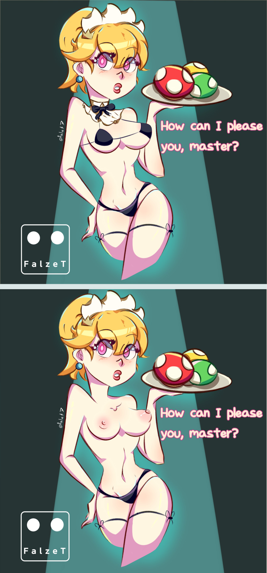 absurdres bikini breasts crown dialogue falzet female_only femsub jewelry maid nintendo pink_eyes princess princess_peach ring_eyes solo super_mario_bros. text topless tray