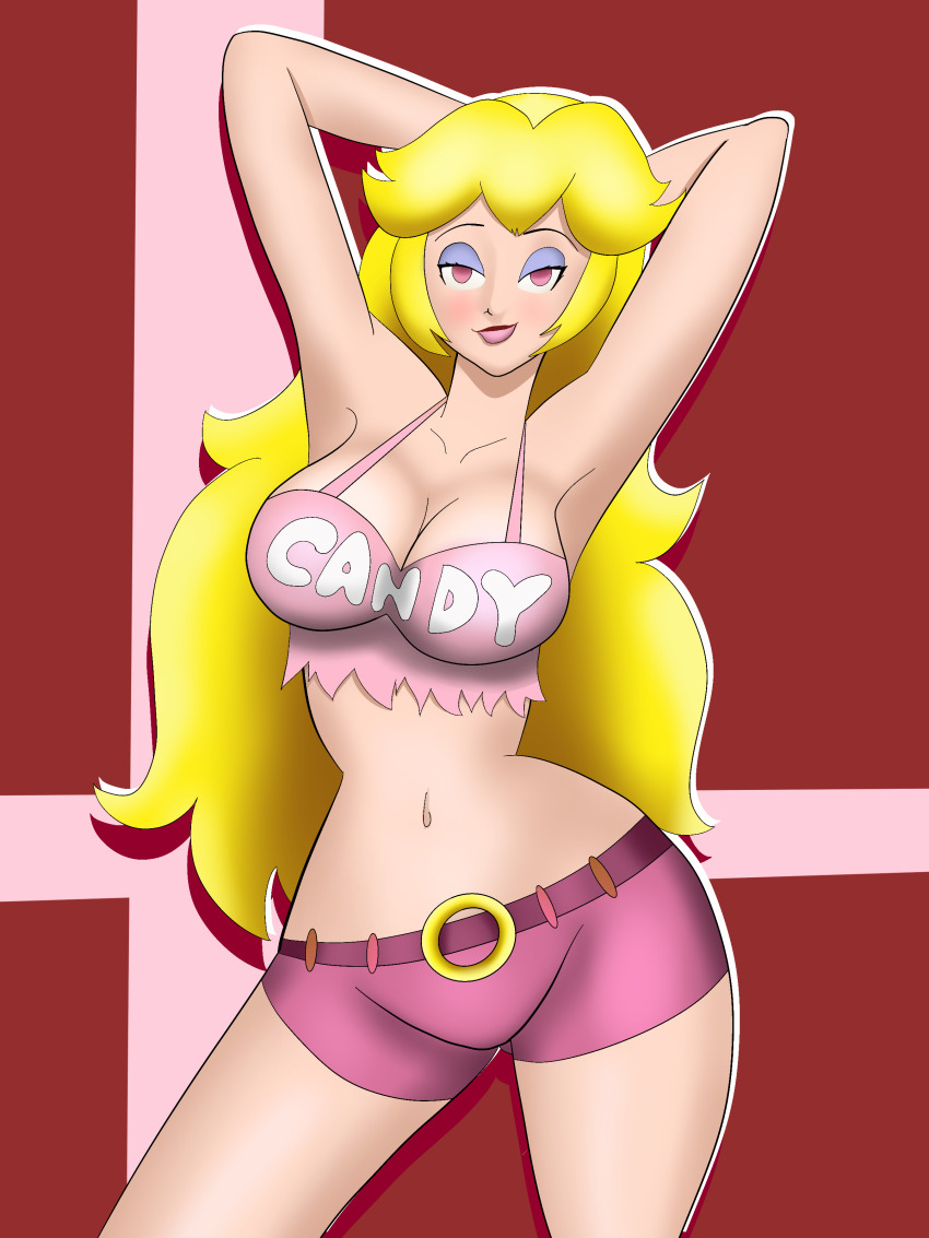 absurdres alternate_costume blonde_hair blush breasts candy_kong cleavage collarbone donkey_kong_(series) empty_eyes femsub large_breasts long_hair makeup nintendo possession princess princess_peach super_mario_bros. syas-nomis text