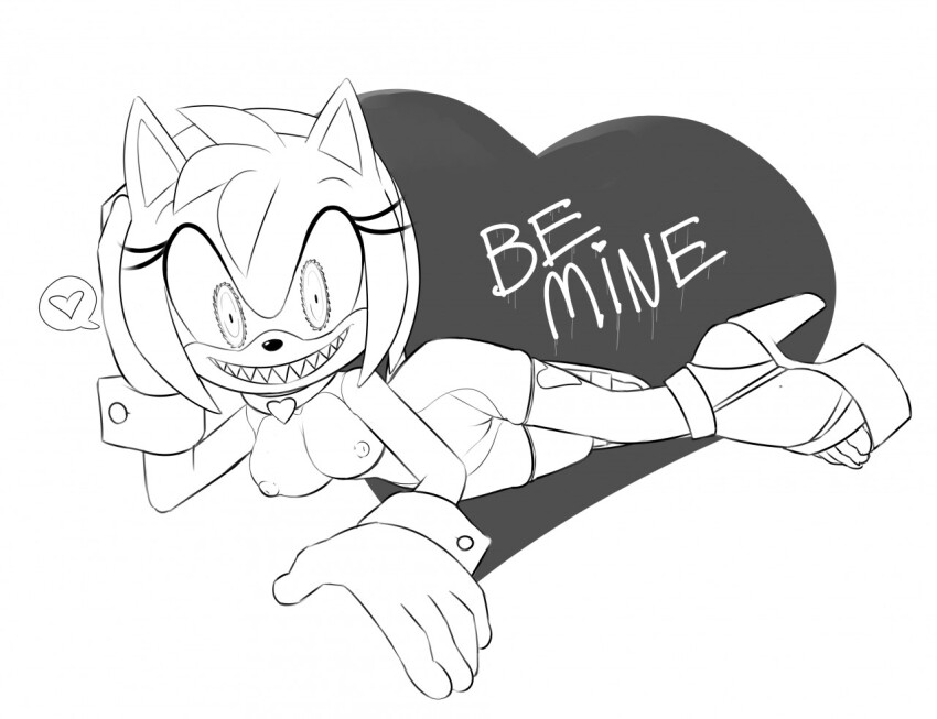 amy_rose boom_boo bottomless breasts collar female_only femsub furry heart hedgehog_girl high_heels large_breasts possession rav sharp_teeth short_hair sketch sonic_the_hedgehog_(series) text thighhighs topless valentine's_day