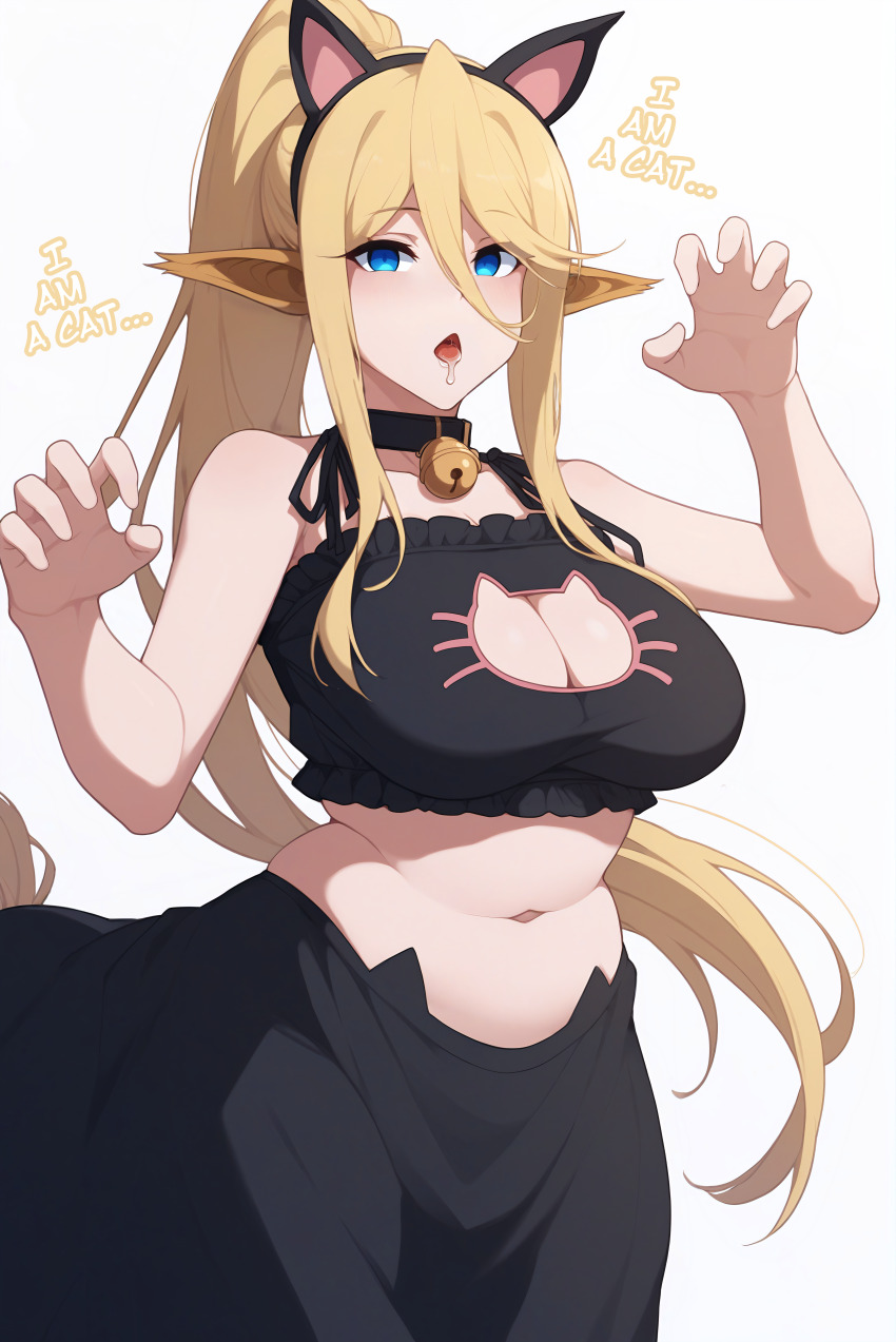 ai_art bell_collar blonde_hair blue_eyes cat_ears cat_lingerie cat_pose centaur centorea_shianus cleavage collar costume drool empty_eyes expressionless fake_animal_ears female_only femsub huge_breasts lingerie long_hair looking_at_viewer maledom manip midriff minimimic_(generator) minimimic_(manipper) monster_girl monster_musume navel open_mouth pet_play ponytail simple_background stable_diffusion_(ai) tail text white_background