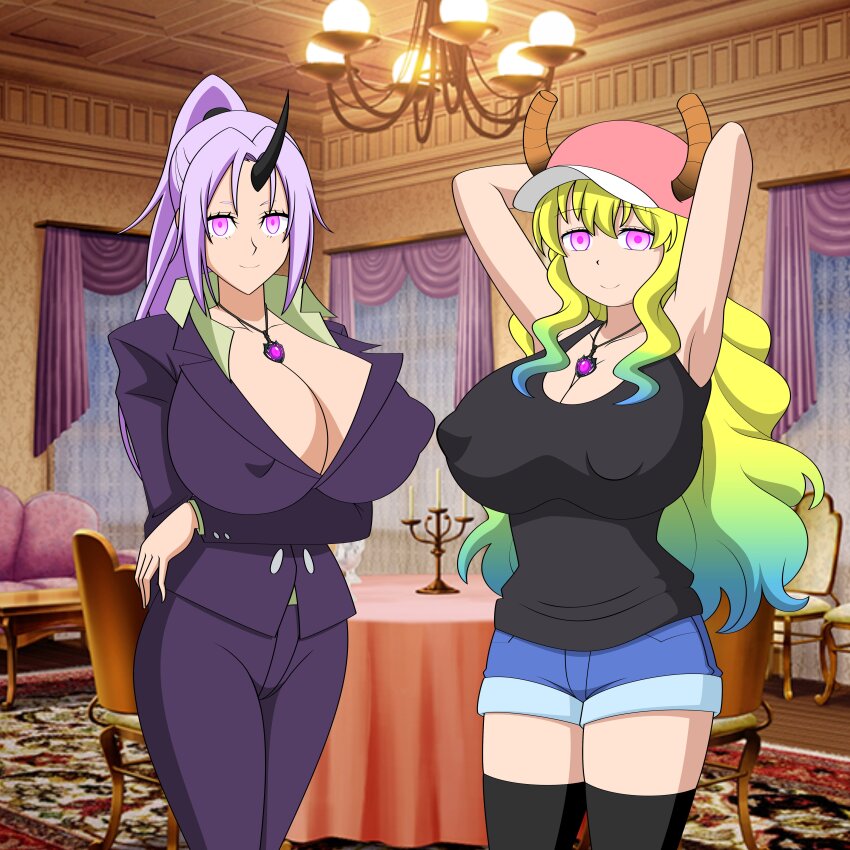 absurdres blonde_hair breasts cleavage empty_eyes erect_nipples female_only femsub happy_trance horns huge_breasts hypnotic_accessory jimryu long_hair magic miss_kobayashi's_dragon_maid monster_girl multicolored_hair oni_girl pink_eyes ponytail purple_hair quetzalcoatl_(maidragon) shion_(tensei_slime) smile that_time_i_got_reincarnated_as_a_slime