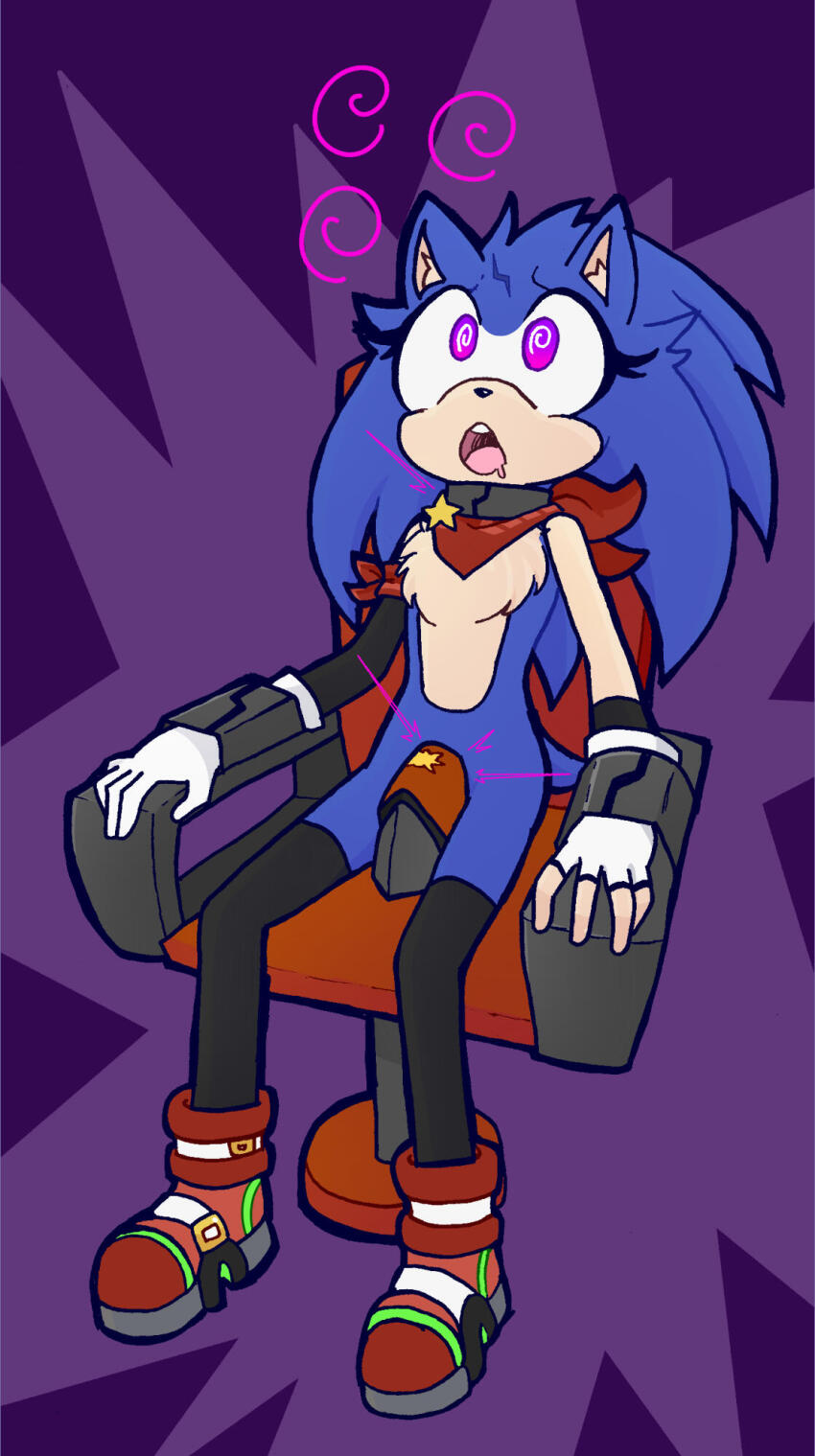 bandana blue_hair blue_skin bondage bottomless chair commissionedimp crotch_rub drool enemy_conversion furry gloves hedgehog_boy male_only malesub nude open_mouth shoes simple_background sitting sonic_the_hedgehog sonic_the_hedgehog_(series) spiral spiral_eyes symbol_in_eyes topless