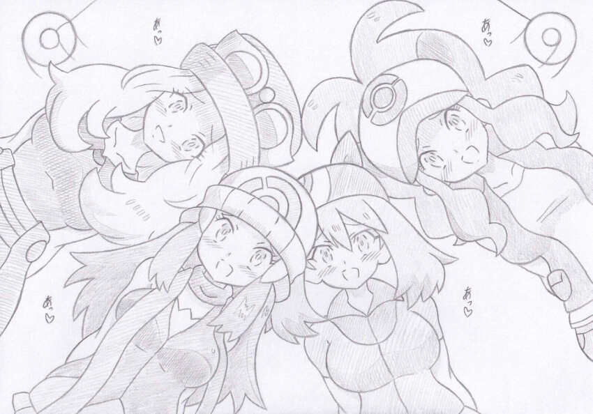 bandana banshou beanie blush breasts clothed coin dawn empty_eyes female_only femsub greyscale happy_trance hat hilda long_hair may monochrome multiple_girls multiple_subs nintendo pendulum pokemon pokemon_black_and_white pokemon_diamond_pearl_and_platinum pokemon_ruby_sapphire_and_emerald pokemon_x_and_y ponytail scarf serena simple_background smile sunglasses traditional white_background