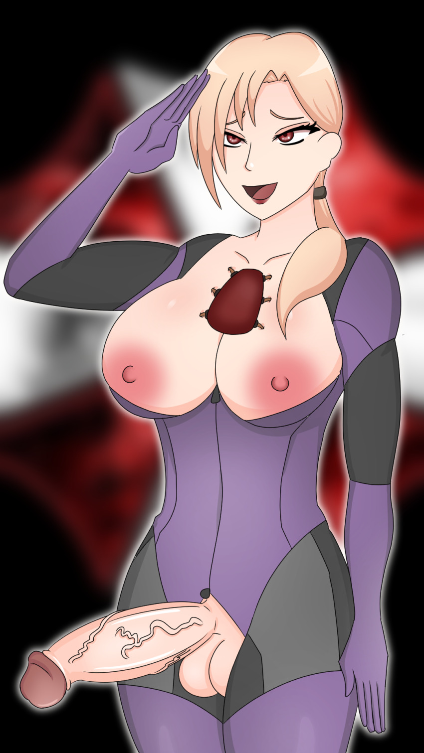 blonde_hair bodysuit breasts capcom corruption erection futa_only futanari futasub happy_trance hypnotic_accessory jill_valentine large_penis long_hair midnightren open_clothes open_mouth p30 penis ponytail red_eyes resident_evil resident_evil_5 saluting smile solo tech_control veins