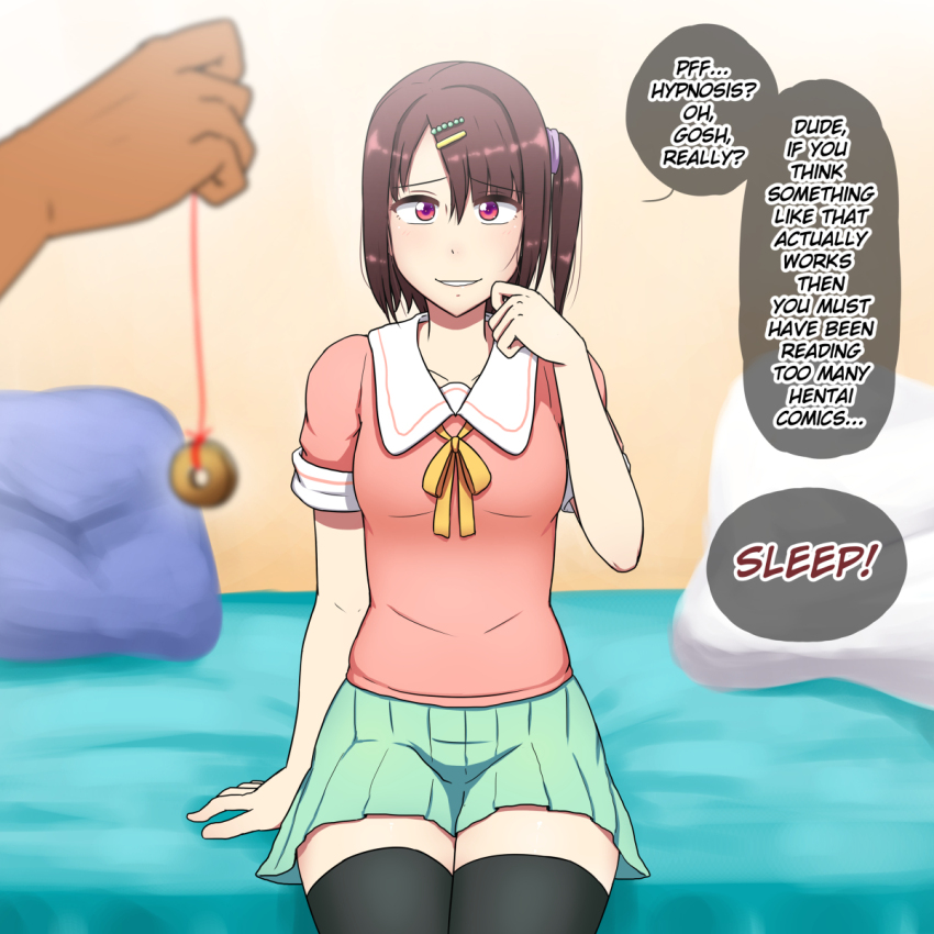 androgynous bow brown_hair coin comic crossdressing denial dialogue femboy hypno_neet male_only maledom malesub original pendulum ponytail short_hair sitting skirt smile text thighhighs trap yaoi