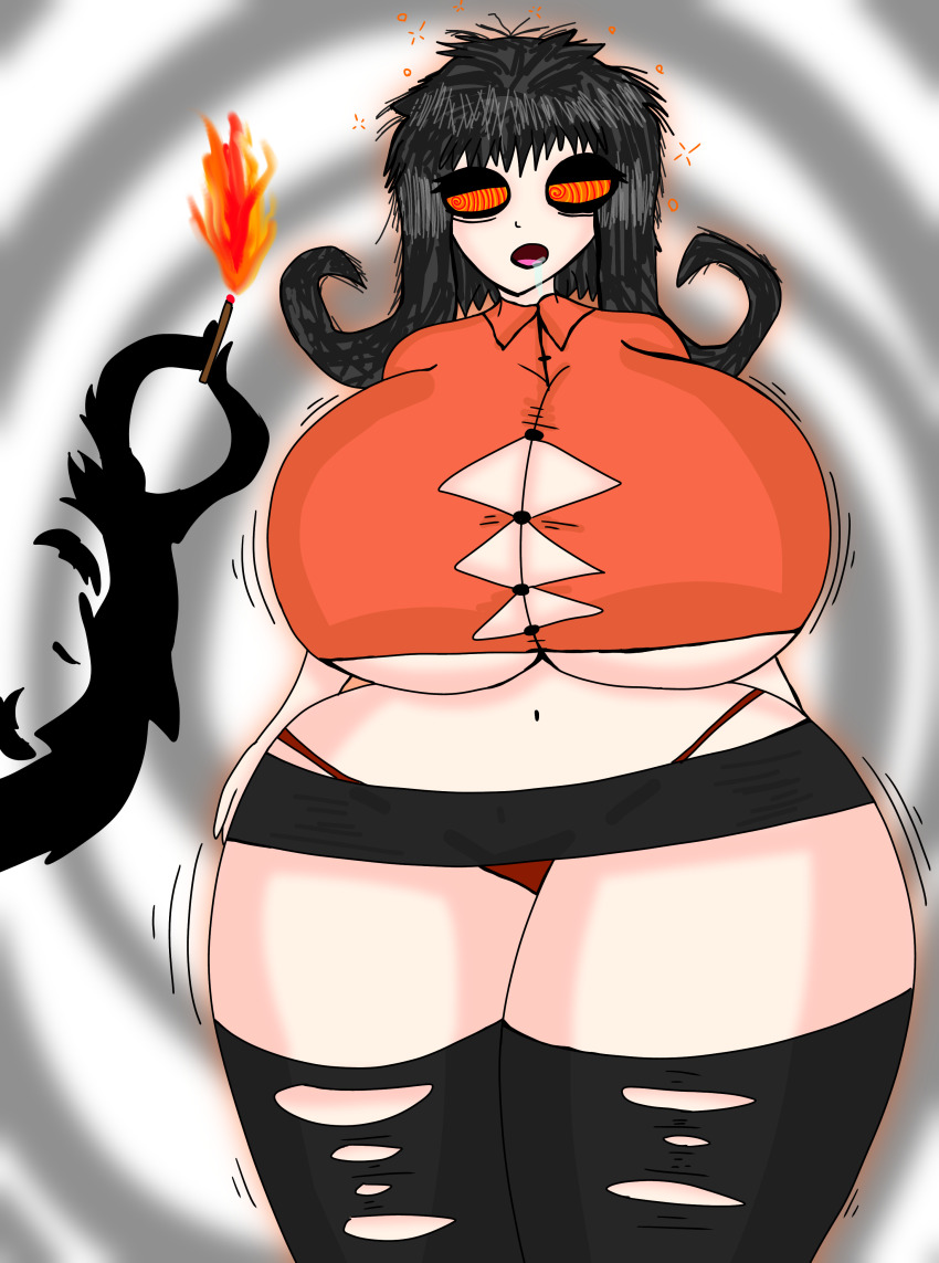 breast_expansion breasts charlie_(don't_starve) don't_starve femsub flame huge_breasts hypnotic_eyes hypnotic_fire skirt thefahuzgleaner thick_thighs tight_clothing willow_(don't_starve)