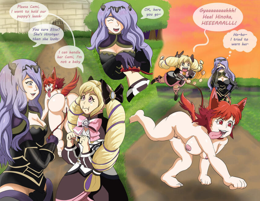 alanwrecked all_fours animal_ears anus ass barefoot blonde_hair bottomless bow breasts camilla_(fire_emblem_fates) cleavage clothed collar crown dialogue dog_ears dog_girl dress elise_(fire_emblem) female_only femdom femsub fire_emblem fire_emblem_fates hair_covering_one_eye hair_ornament happy_trance hinoka_(fire_emblem) leash long_hair nintendo nipples nude open_mouth outdoors pet_play pink_eyes purple_hair pussy red_eyes red_hair short_hair speech_bubble standing tail text thought_bubble tongue tongue_out topless twintails white_eyes