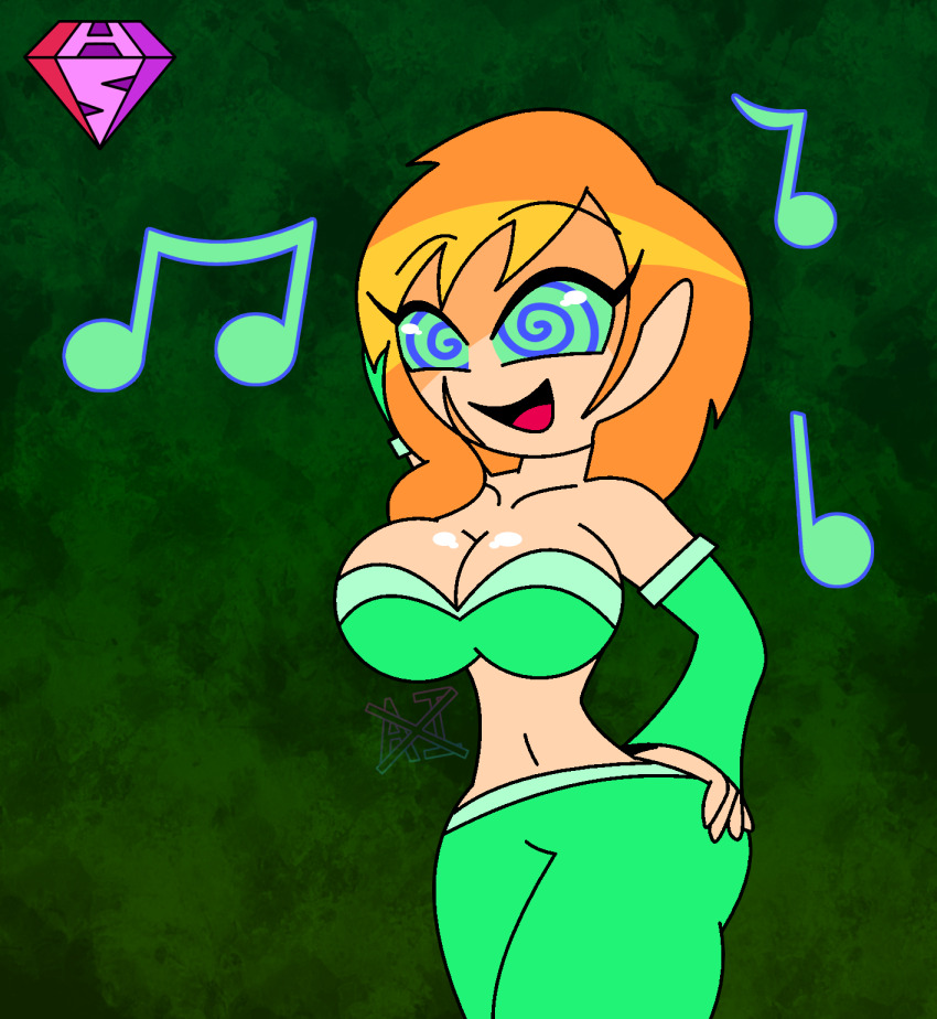 alex_(minecraft) alternate_costume arms_above_head bare_shoulders breasts cleavage dancer dancing elf_ears female_only femsub happy_trance harem_outfit hypnoscream large_breasts midriff minecraft music navel scar smile solo spiral_eyes spiralwash_eyes