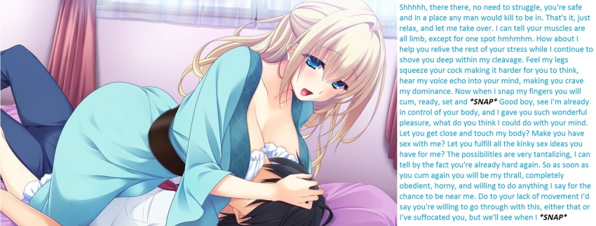 bipp_(manipper) blonde_hair blue_eyes breast_press breasts caption caption_only femdom head_in_breasts heterosexual large_breasts long_hair malesub manip open_shirt orgasm_command pov pov_sub text