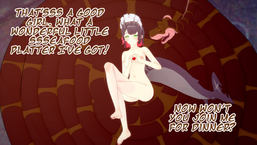 3d black_hair blush bottomless coils disney ellen_joe embarrassed femsub heart_hands hypnotic_eyes kaa kaa_eyes koikatsu! maid_headdress maledom nude open_mouth shark_girl snake text thatguysly the_jungle_book topless zenless_zone_zero