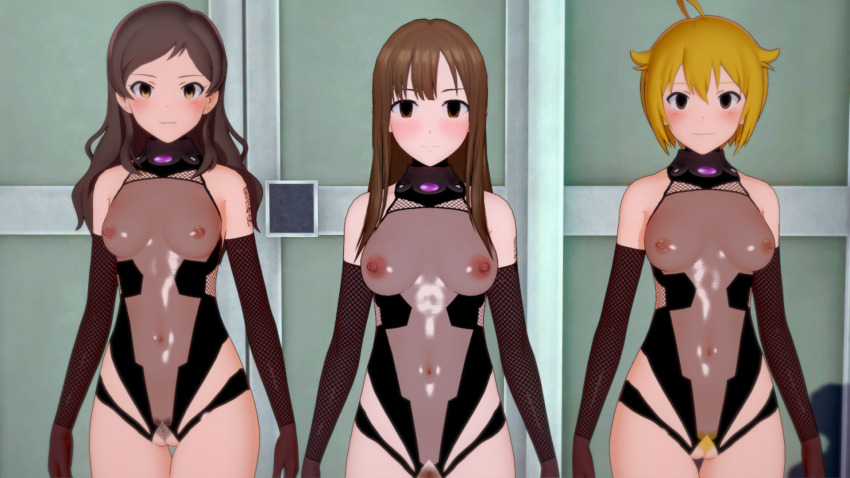 3d ahoge bare_shoulders blonde_hair blush bottomless brown_eyes brown_hair clothed_exposure collar empty_eyes expressionless female_only femsub fishnets gloves ibuki_tsubasa idolmaster_million_live! koikatsu! leotard long_hair looking_at_viewer multiple_girls multiple_subs navel nipples opera_gloves pubic_hair qr_code see-through shiho_kitazawa short_hair standing standing_at_attention tattoo tech_control the_idolm@ster wwww. yellow_eyes