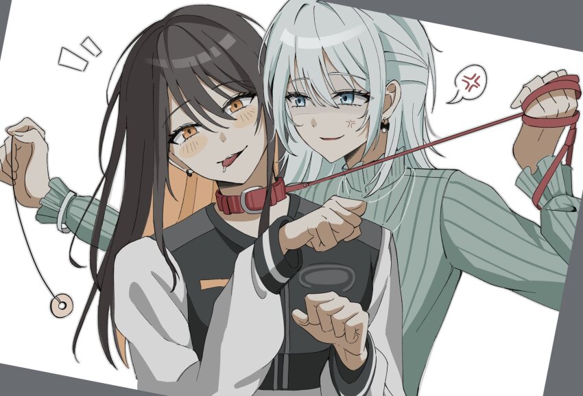 angry bang_dream black_hair blue_eyes blush clothed collar female_only femdom femsub happy_trance leash long_hair miku_mahashi pendulum pet_play raika_suga simple_background ssweank tongue tongue_out yellow_eyes yuri