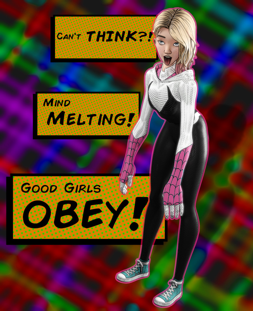 3d absurdres ahegao bent_over bimbofication blender blonde_hair brain_drain comic eye_roll femsub freckles gwen_stacy hanging_down happy_trance marvel_comics saltygauntlet sleepy sneakers spider-gwen spider-man_(series) super_hero text tight_clothing tongue_out unaware