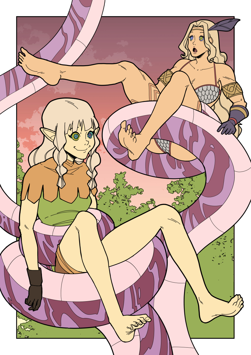 absurdres amazon_(dragon's_crown) ass bare_legs barefoot belt bikini blonde_hair braid collarbone dragon's_crown efalabrino elf_(dragon's_crown) elf_ears feet female_only femsub forest gloves hair_ornament happy_trance kaa_eyes light_skin long_hair midriff navel outdoors shirt shorts sitting smile snake surprised tan_skin