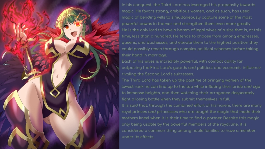 absurdres armor blush breasts caption cleavage cleavage_cutout cloak clothed corruption crown dress evil_smile eyebrows_visible_through_hair female_only femsub fire_emblem fire_emblem_echoes fire_emblem_mystery_of_the_emblem gloves glowing_eyes green_hair harem harrier_(fire_emblem) huge_breasts large_breasts long_hair looking_at_viewer magic maledom midriff multiple_subs navel nintendo onlyharmony_(manipper) open_mouth opera_gloves palla_(fire_emblem) red_eyes sirano smile solo text thick_thighs thighs wide_hips