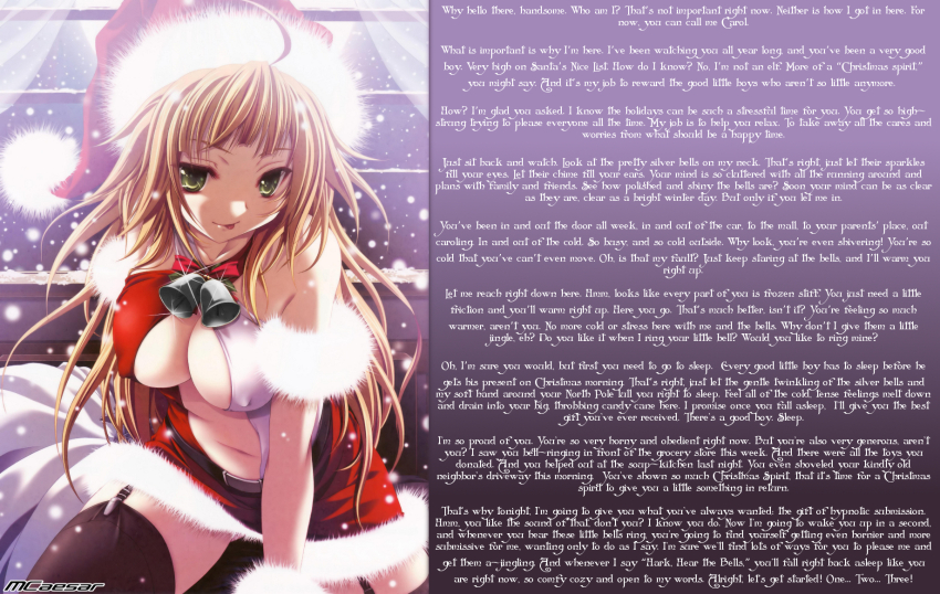 blonde_hair caption caption_only christmas femdom green_eyes hat leaning_forward lingerie looking_at_viewer male_pov manip mcaesar_(manipper) pov pov_sub santa_hat text thighhighs tongue tongue_out underwear