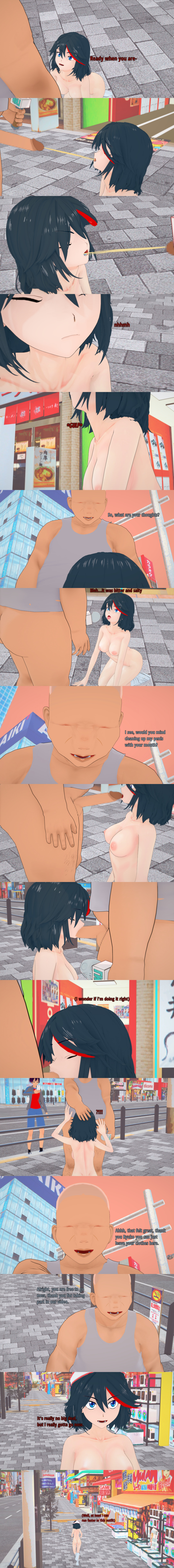 absurdres altered_perception bald black_hair blue_eyes breasts censored closed_eyes clothed dialogue english_text fat fellatio femsub kill_la_kill kneeling maledom multiple_boys multiple_doms nipples no_eyes nude oral orgasm pee_drinking penis phone purple_hair ryuuko_matoi short_hair sugus text ugly_bastard urination