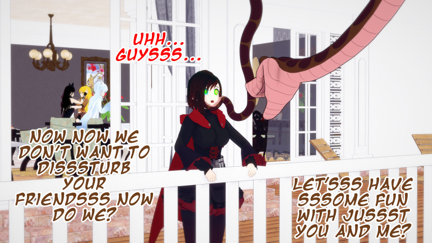 3d absurdres black_hair blake_belladonna cape chin_hold clothed disney femsub gloves hypnotic_eyes kaa kaa_eyes koikatsu! maledom open_mouth ruby_rose rwby snake standing text thatguysly the_jungle_book weiss_schnee yang_xiao_long