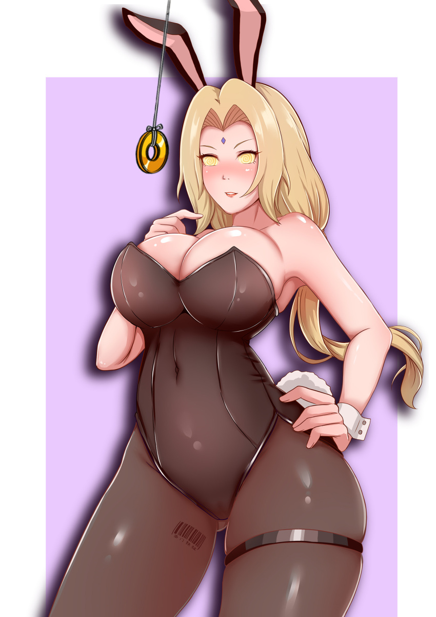 absurdres ass barcode blonde_hair blush breasts bunny_girl bunnysuit cleavage coin cuffs fake_animal_ears female_only femsub happy_trance huge_breasts large_hips long_hair manip milf misterman4_(manipper) naruto_(series) pendulum seisen smile spiral_eyes symbol_in_eyes tagme thighhighs tsunade twintails