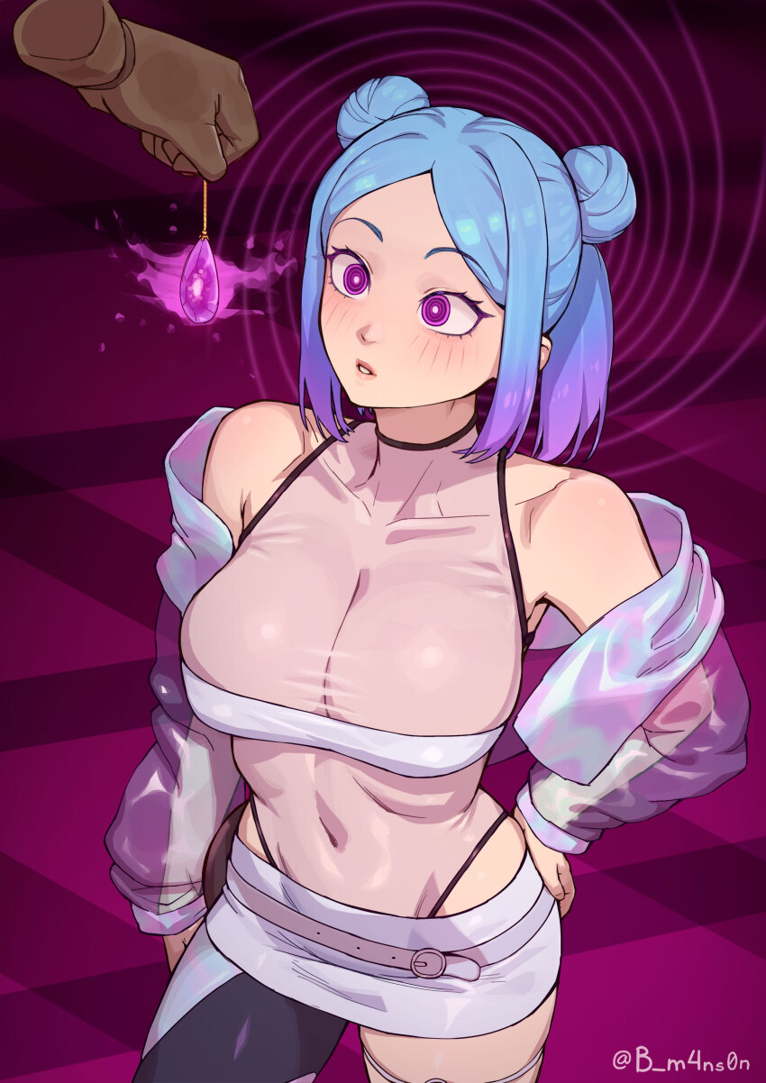 absurdres arm_warmers bare_shoulders belted_skirt blue_hair breasts cleavage collarbone crystal femsub hair_buns hand_on_hip huge_breasts large_hips m4ns0n midriff miniskirt original pendulum phantom_hand purple_eyes reflection reflection_(irontale96) ring_eyes see-through short_hair short_skirt skirt spiral super_hero symbol_in_eyes text thick_thighs tomboy watermark