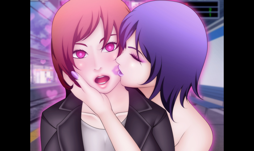 brown_hair closed_eyes empty_eyes expressionless female_only femdom femsub glowing hand_on_another's_cheek hypnotic_kiss kissing lipstick_mark miura_hiromichi open_mouth original pink_eyes purple_hair purple_lipstick yuri