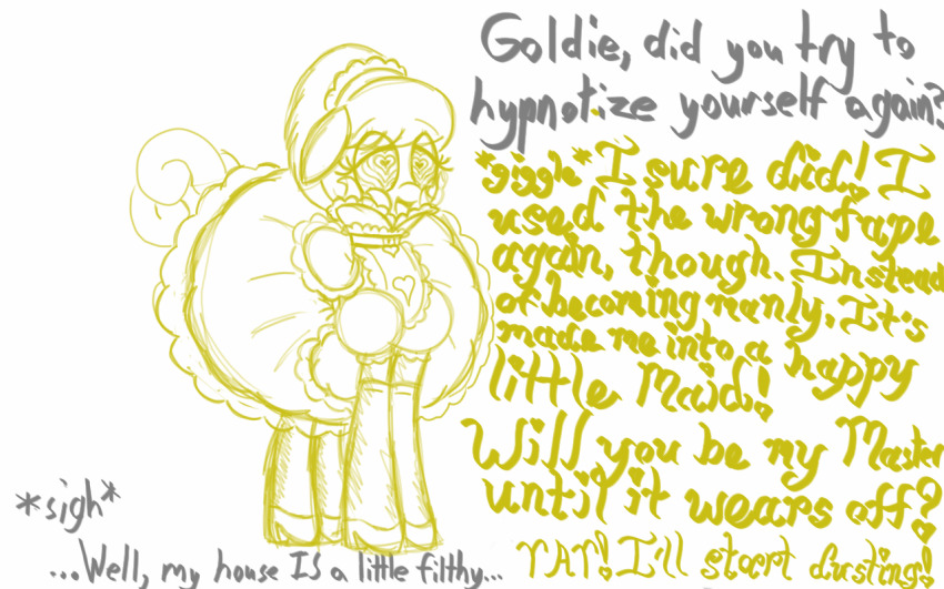 accidental_hypnosis androgynous animals_only artist_request crossdressing feminization heart heart_eyes horse maid malesub monochrome my_little_pony self_hypnosis symbol_in_eyes text