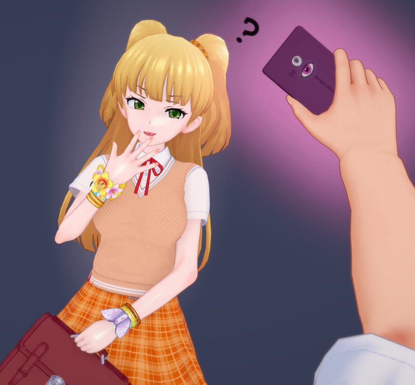 3d before_and_after blaze blonde_hair cell_phone confused cuffs glowing_eyes green_eyes grey_background koikatsu! long_hair male_pov maledom phone pov pov_dom rika_jougasaki school_uniform simple_background skirt tech_control the_idolm@ster twintails