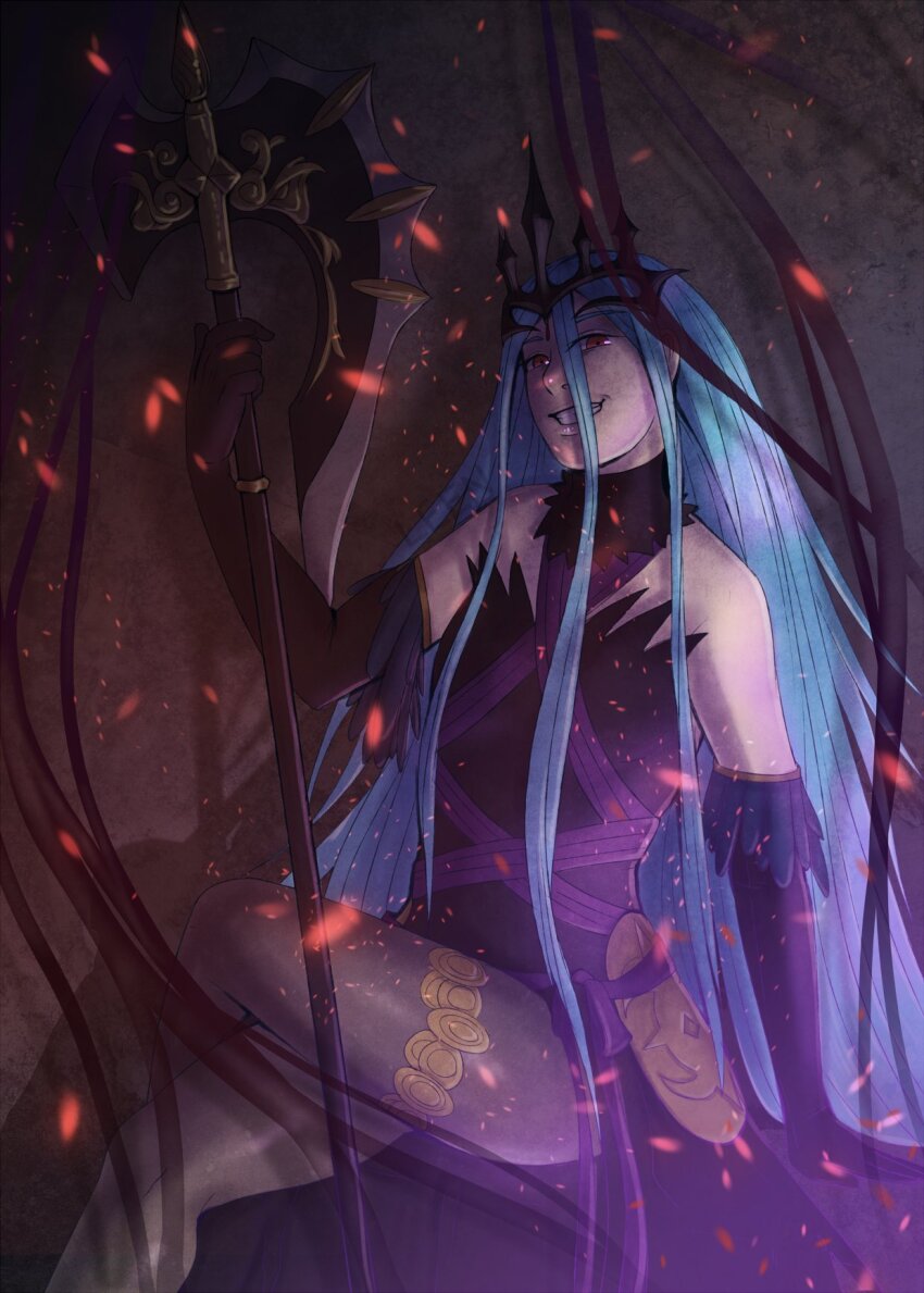 alternate_costume anankos_(fire_emblem) axe azura bare_legs bare_shoulders blue_hair choker corruption crossed_legs crown evil_smile femsub fire_emblem fire_emblem_fates flame gloves happy_trance leen long_hair looking_at_viewer maledom nintendo opera_gloves possession red_eyes royalty sitting smile smoke thighs