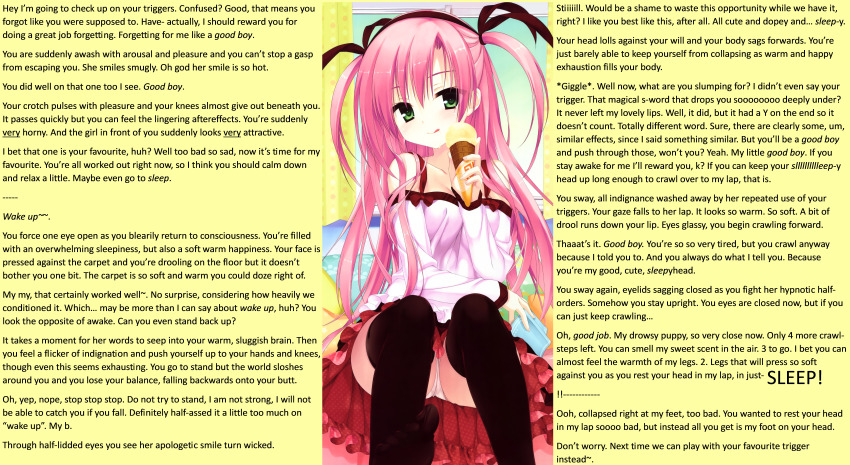 absurdres book breasts caption caption_only clothed consensual female_only femdom foot_focus green_eyes hypnotic_voice ice_cream kobuichi licking licking_lips male_pov manip monkfish_(manipper) panties pink_hair pov_sub skirt skirt_lift sleep_command sleepy smile text thighhighs trigger twintails upskirt