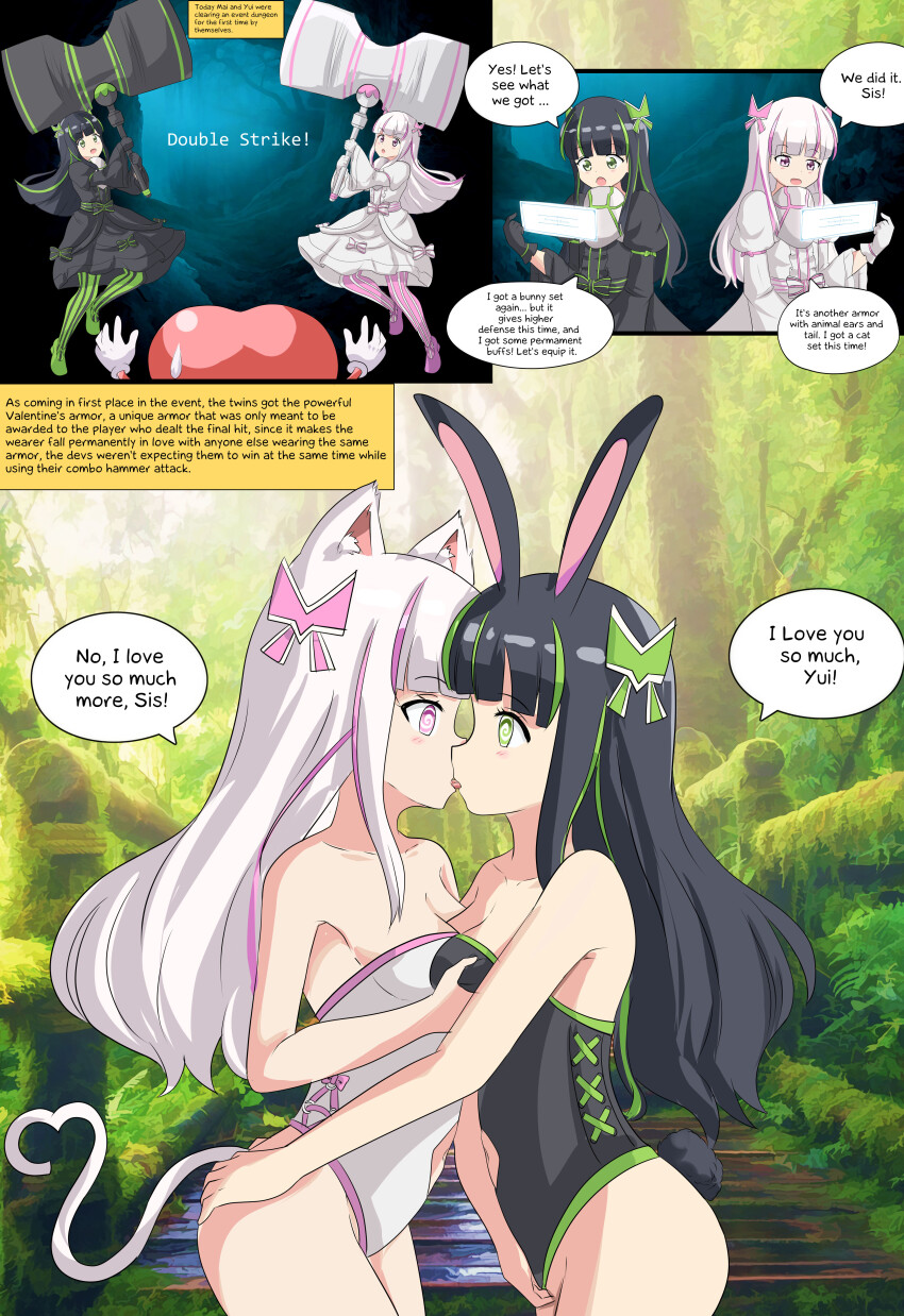 absurdres animal_ears armor ass bare_legs bare_shoulders black_hair breast_grab breast_press breasts bunny_ears bunny_girl bunnysuit cat_ears cat_girl cat_tail cleavage comic dazed dialogue expressionless female_only femsub fingering french_kiss gloves green_eyes green_hair groping hair_ornament hair_ribbon hammer i_hate_getting_hurt_so_i_put_all_my_skill_points_into_defense incest instant_loss kissing large_hips leotard long_hair love mai_(bofuri) navel open_mouth pink_eyes pink_hair ribbon sisters spiral_eyes symmetrical_docking tail text thick_thighs tight_clothing tongue twins unholysoul valentine's_day very_long_hair white_hair yui_(bofuri) yuri
