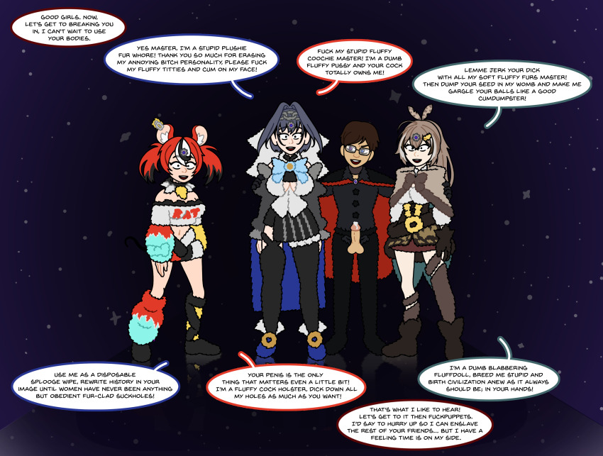 blue_hair brain_drain clothed dialogue femsub fur_coat hakos_baelz hololive hololive_english kronii_ouro maledom microchip multiple_girls mumei_nanashi red_hair sexism unlikely virtual_youtuber