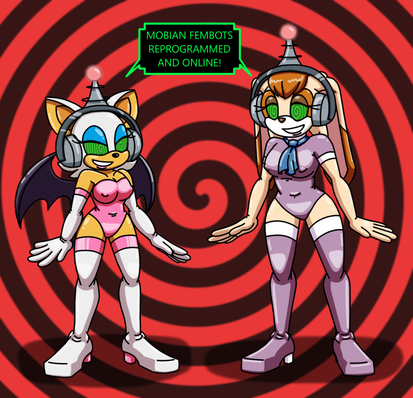 antenna fembot femsub furry green_eyes happy_trance headphones latex leotard lipstick multiple_girls multiple_subs opera_gloves robotization rouge_the_bat sonic_the_hedgehog_(series) spiral_background spiral_eyes supertechno324 swimsuit tech_control thigh_boots tie vanilla_the_rabbit wings