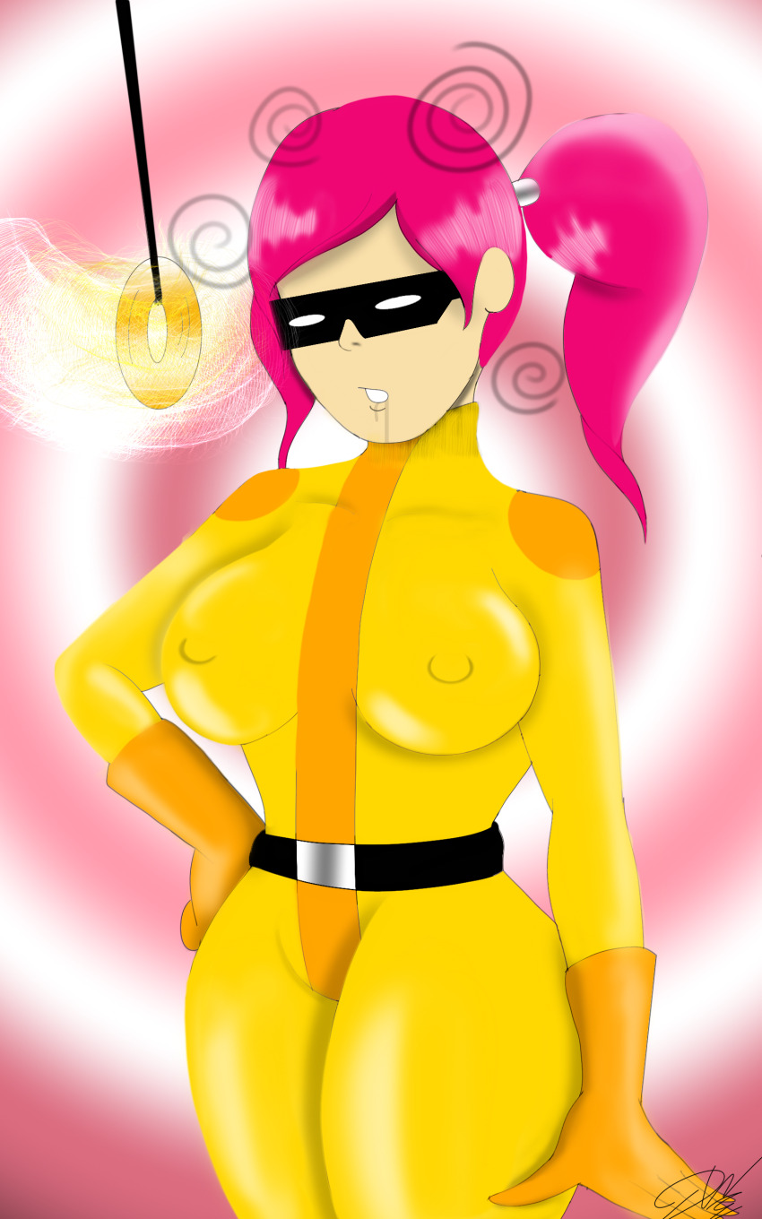 absurdres belt bodysuit breasts character_request coin dazed drool erect_nipples expressionless female_only femsub gloves hand_on_hip large_breasts long_hair lorddandan mask namco pendulum pink_hair ponytail solo
