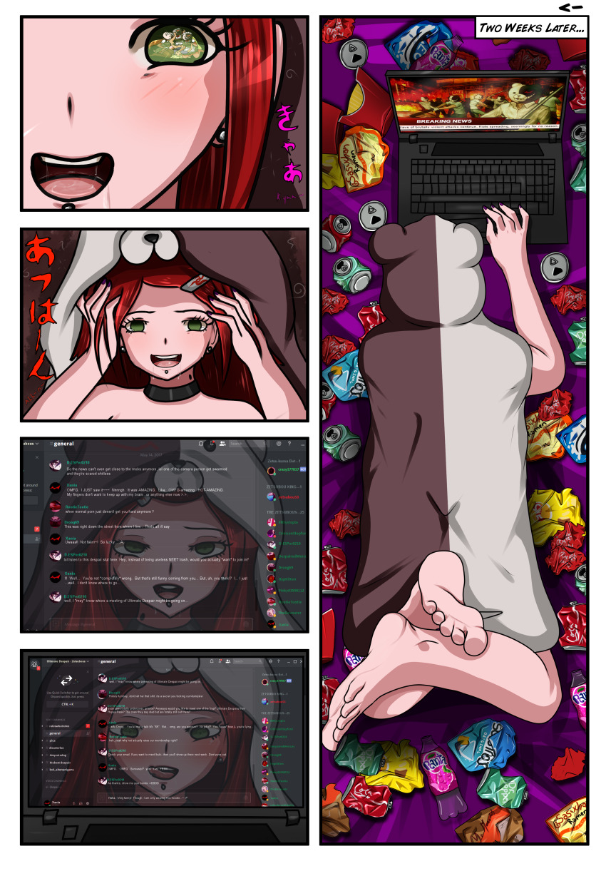 absurdres barefoot blackwidowx blush choker comic corruption dangan_ronpa drool empty_eyes femsub green_eyes happy_trance open_mouth piercing red_hair right_to_left short_hair smile spoilers symbol_in_eyes tears text tongue tongue_out xania_(blackwidowx)