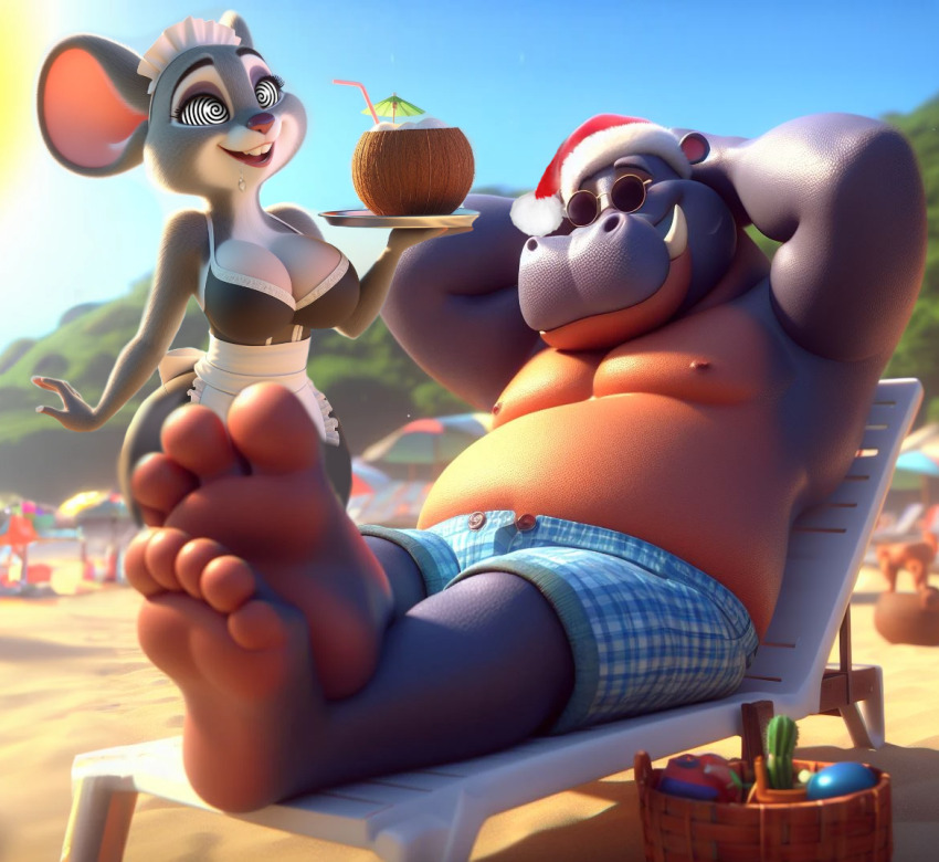 ai_art altered_common_sense animal_ears beach christmas drool femsub furry harry_hippo_(hypnopotamus) hippo_boy maid mesmer_mouse_(hypnopotamus) mouse_girl original smile spiral_eyes symbol_in_eyes thehypnopotamus