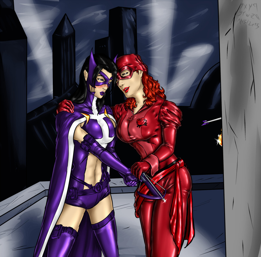 black_hair blue_eyes blush bodysuit boots breasts brown_eyes brown_hair cape dazed dc_comics female_only femdom femsub gloves helena_bertinelli huntress large_breasts long_hair open_mouth opera_gloves original pocket_watch rose_(original) rotem_dishon smile super_hero thigh_boots
