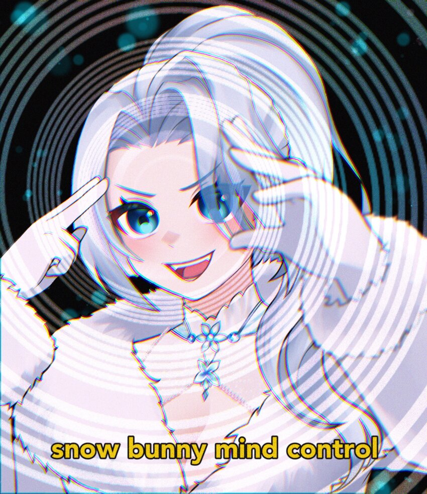 absurdres blue_eyes blush caption cleavage cleavage_cutout clothed coat english_text evil_smile femdom gloves hair_covering_one_eye humor jewelry long_hair monarch_(vtuber) official open_mouth ponytail pov pov_sub psychic smile spiral symbol_in_eyes text virtual_youtuber white_hair