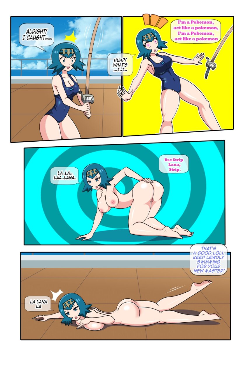 blue_eyes blue_hair bottomless breasts comic dlobo777 empty_eyes femsub lana_(pokemon) large_breasts nintendo nude one-piece_swimsuit open_mouth pokemon pokemon_sun_and_moon short_hair swimsuit tagme text topless