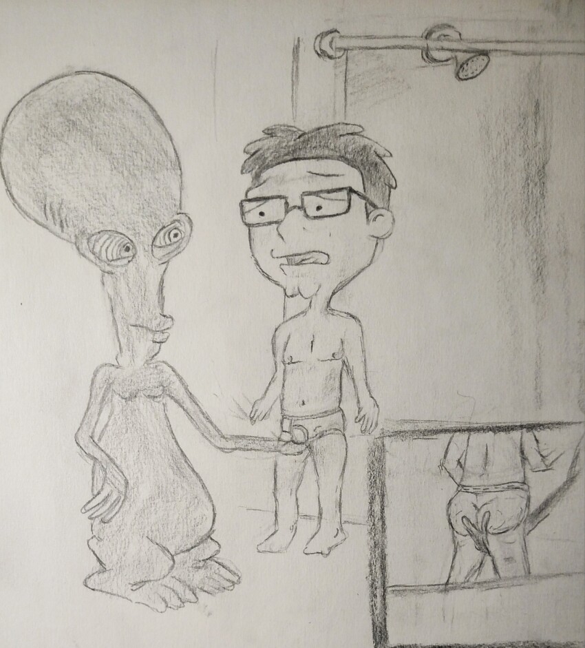 absurdres alien american_dad bottomless cartoonhypnolover2 evil_smile glasses greyscale groping hypnotic_eyes male_only maledom malesub nude ring_eyes roger_smith short_hair shota smile steve_smith topless traditional underwear unhappy_trance yaoi